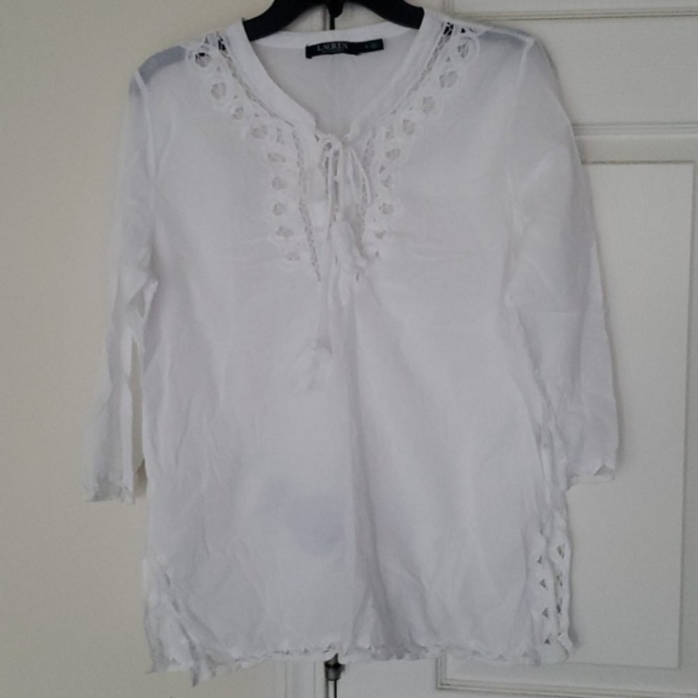 Lauren Ralph Lauren Lace Trim Elbow Sleeve Top, Size S